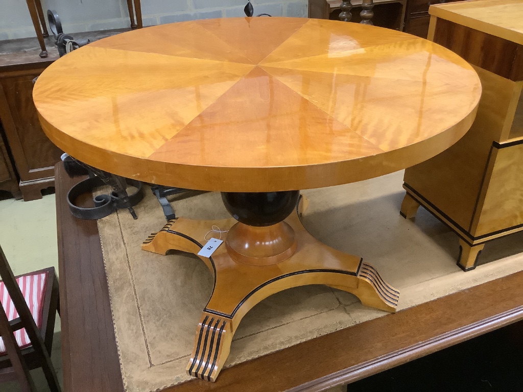 A Biedermier style birch and part ebonised circular coffee table, 85cm diameter, height 56cm